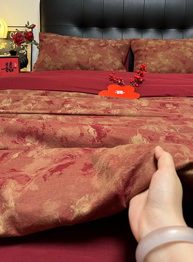 欧式油画风色织提花婚庆乔迁全棉四件套纯棉红色结婚新居床上用品