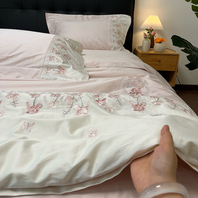 欧式绣花 优雅全棉四件套纯棉春夏秋粉色绣花少女心闺房床上用品