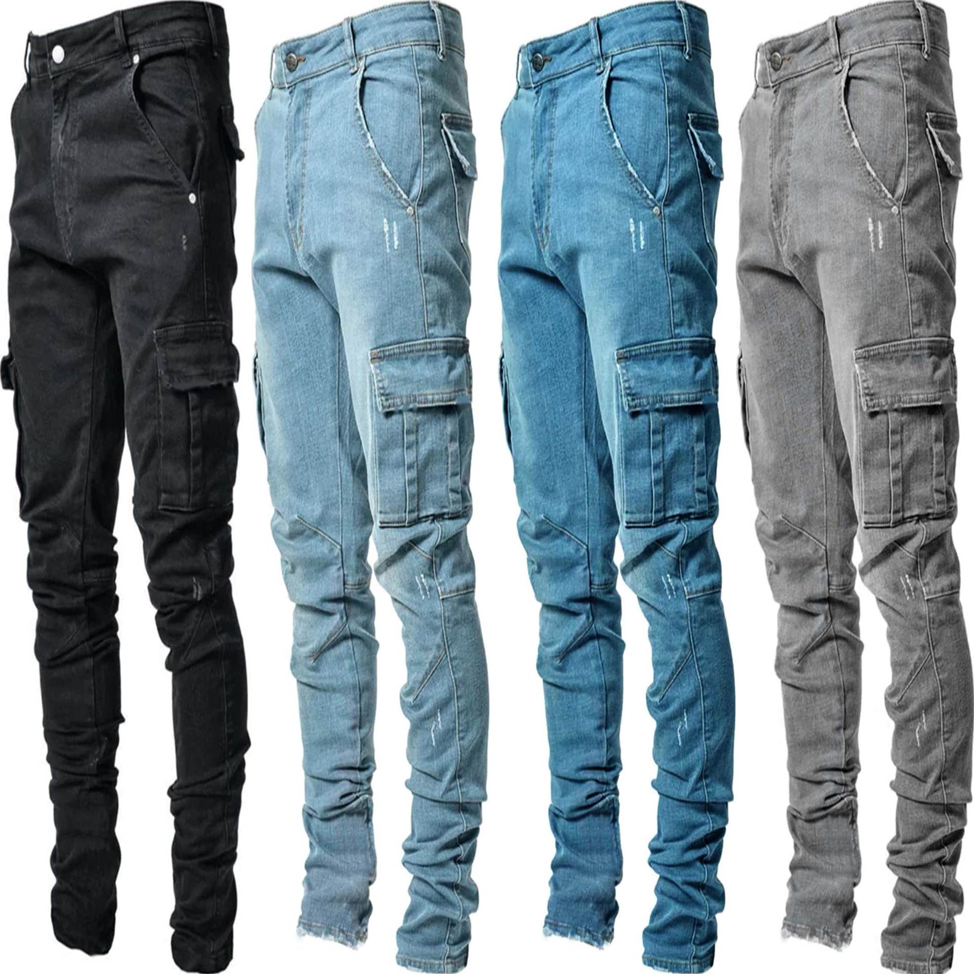 欧洲站休闲潮男弹力多袋小脚裤跨境外贸修身显瘦牛仔工装jeans。