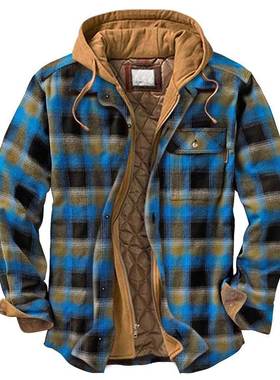 男秋冬欧美夹克休闲连帽衬衫夹棉假两件格子外套men Winter coat