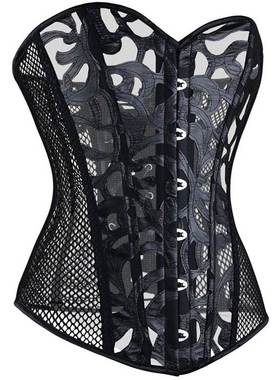 新款外贸黑色印花网纱性感衣欧美宫廷束身衣Women's court co