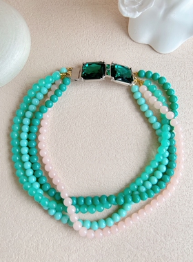 绿色小玉石串珠女中古多层项链
