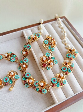 蓝色花朵复古宫廷风珍珠项链