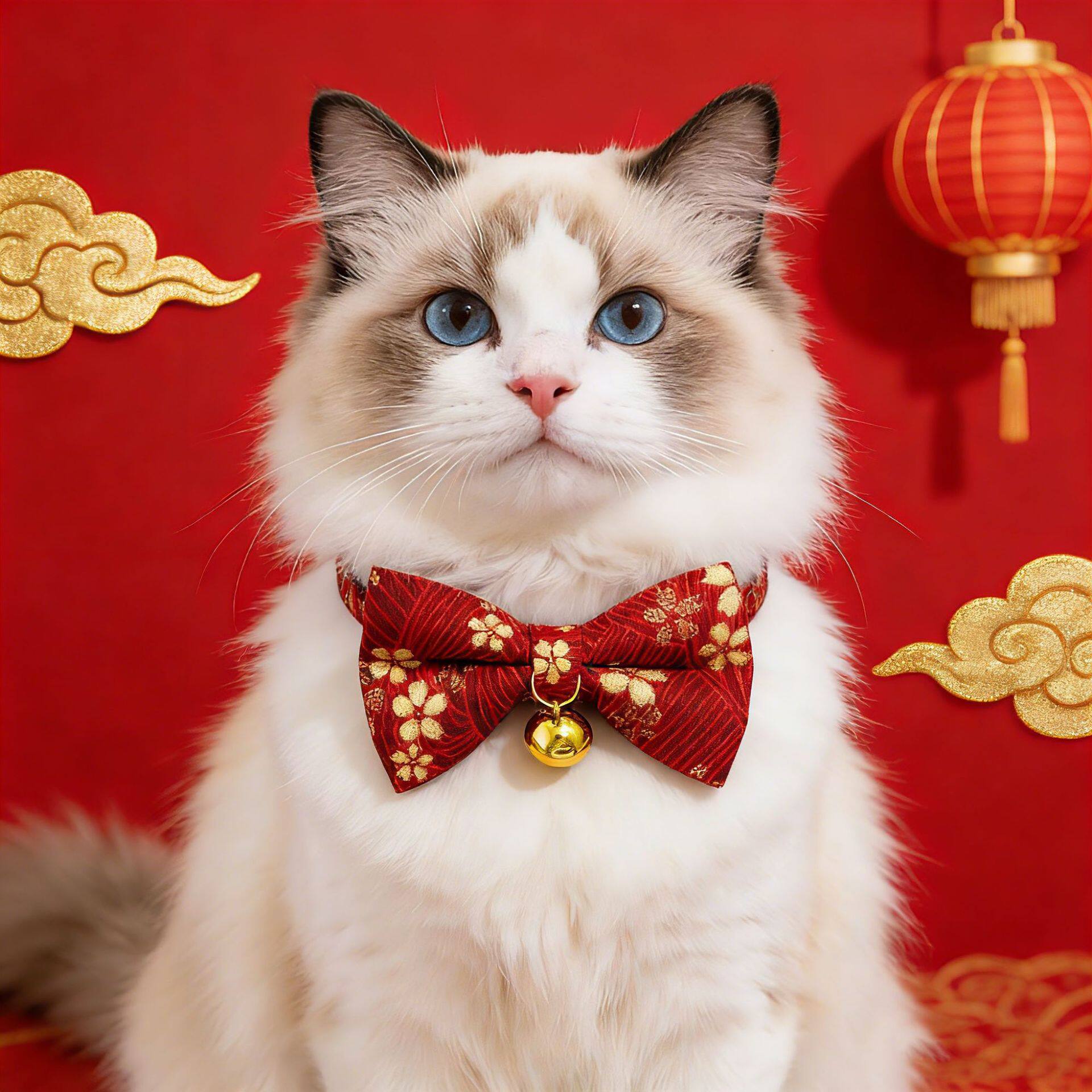 宠物猫咪项圈小型犬狗狗喜庆蝴蝶结铃铛领带三角巾新年国风装饰