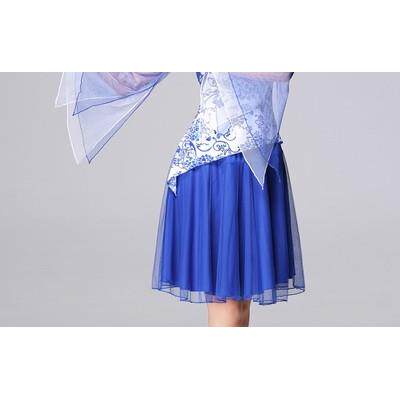 特价青花瓷广场舞服2018新款套装民族风春英云袖网纱裤演出服跳舞