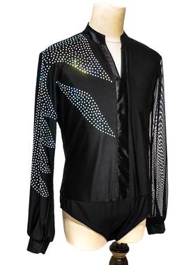 新款拉丁舞服成人男士春秋广场舞蹈服装男步演出服长袖伦巴上衣