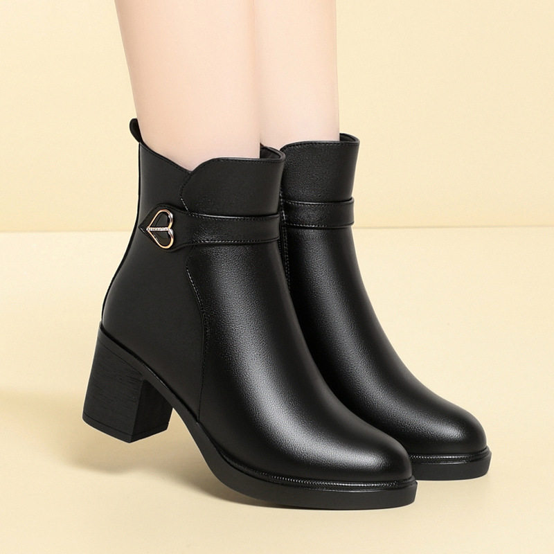 秋冬季新款粗跟短靴女式软皮高跟女靴女保暖羊毛妈妈棉鞋加绒皮鞋,女鞋,棉鞋,淘宝优惠券,粉丝福利购,淘宝优惠卷