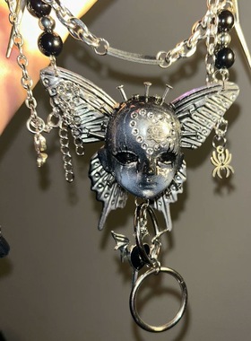 manjusaka 手工暗黑重工项链哥特银色串珠爱字蝴蝶娃头亚文化颈饰