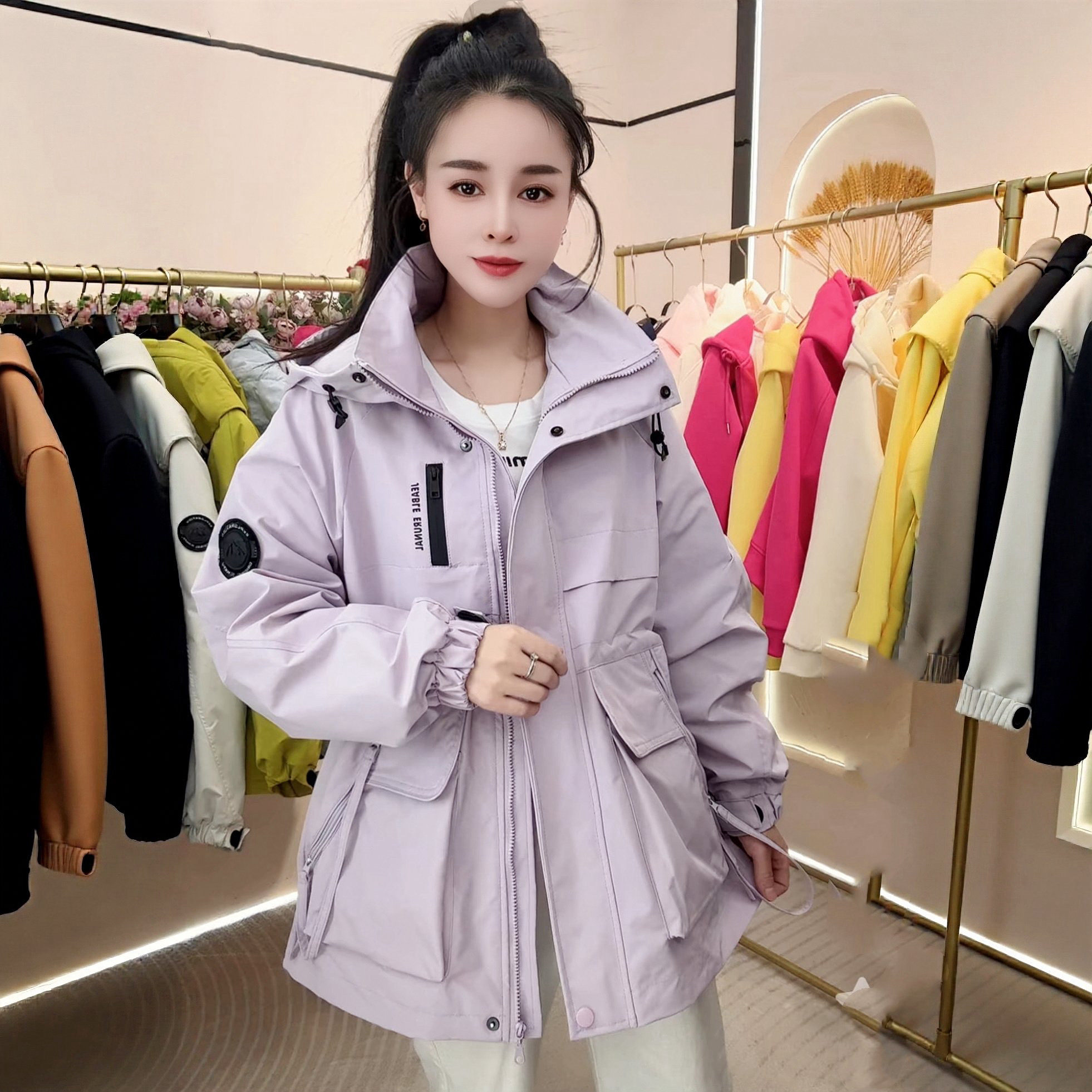 春秋新款韩版冲锋衣宽松显瘦百搭风衣糖果色连帽中长款派克服外套