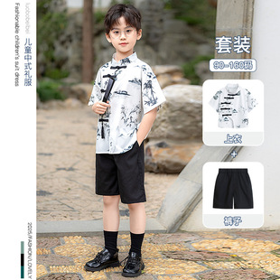 男童新中式汉服夏季新款国风绿竹短袖套装古风唐装六一儿童演出服