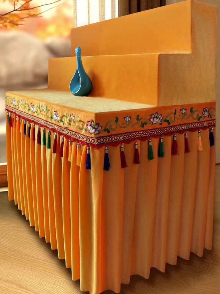 莲花刺绣供桌布佛台布寺庙桌裙八仙桌卓围加厚金丝绒香案黄布定制