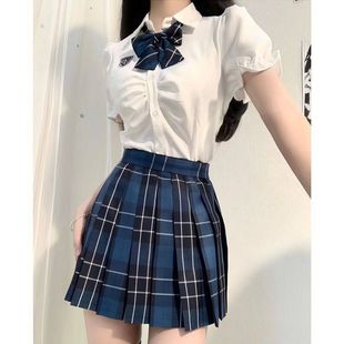 短袖 上衣夏季 jk制服女收腰修身 衬衫 新款 格子百褶短裙学院风套装