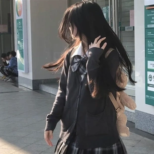 2024秋冬新款深灰色开衫毛衣女撞色宽松学院风jk外套百搭针织上衣