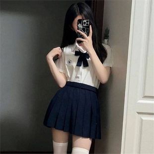 衬衫 套装 短袖 夏季 女学院风jk制服刺绣百搭宽松衬衣上衣百褶裙 新款