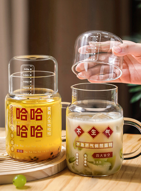 高颜值大容量带盖杯子女家用耐高温高硼硅玻璃带把刻度杯泡茶杯子