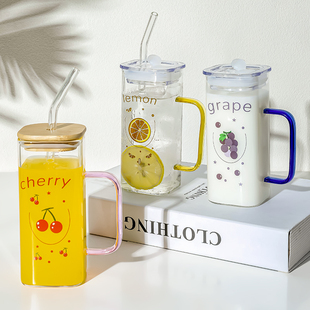 小众ins方形玻璃杯女生带把手家用高颜值果汁杯子牛奶杯泡茶水杯