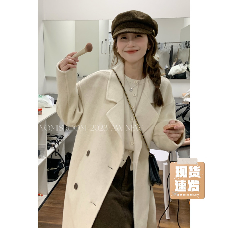 哟米YOMI 小个子白色双面呢大衣女秋冬高级感羊毛中长款毛呢外套