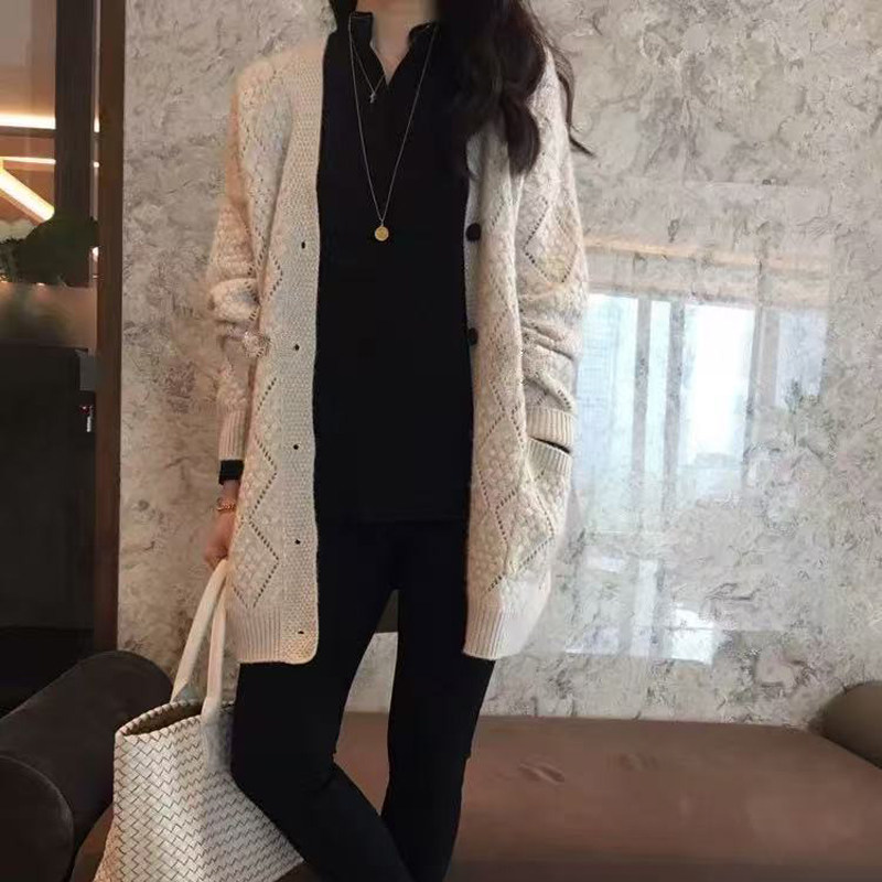 镂空山羊绒开衫女V领中长款宽松显瘦针织衫外套小香风打底衫上衣