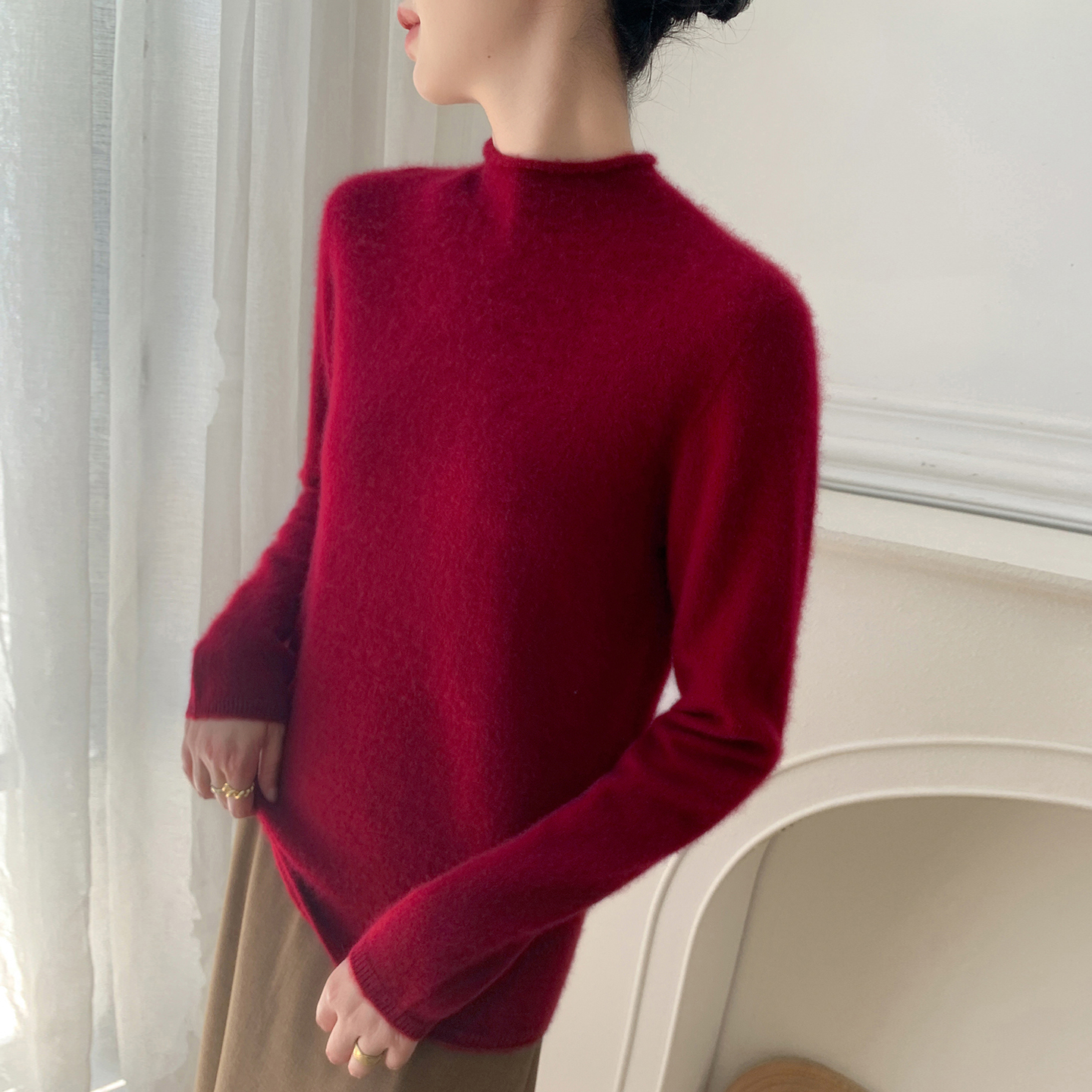 无缝羊绒衫半高领针织打底毛衣女