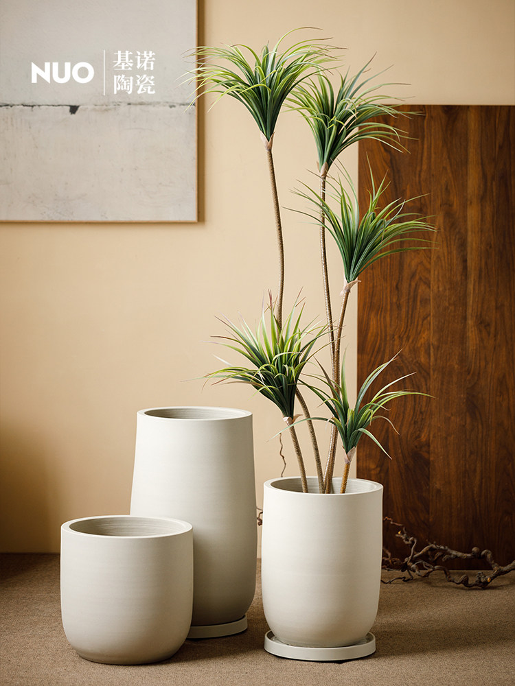 景德镇落地陶瓷大花盆大口径米色绿植陶罐客厅阳台种植盆造景摆件