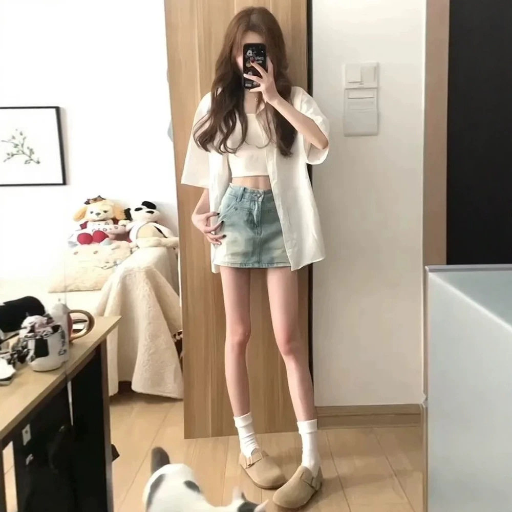 美式复古浅色高腰牛仔半