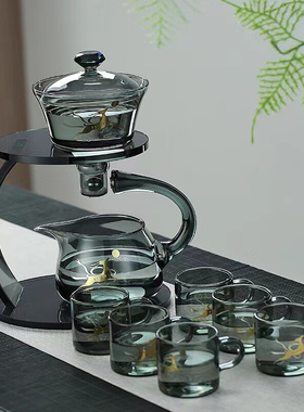 透黑色高硼硅玻璃懒人半自动磁吸茶具套装 办公室功夫茶具泡茶器