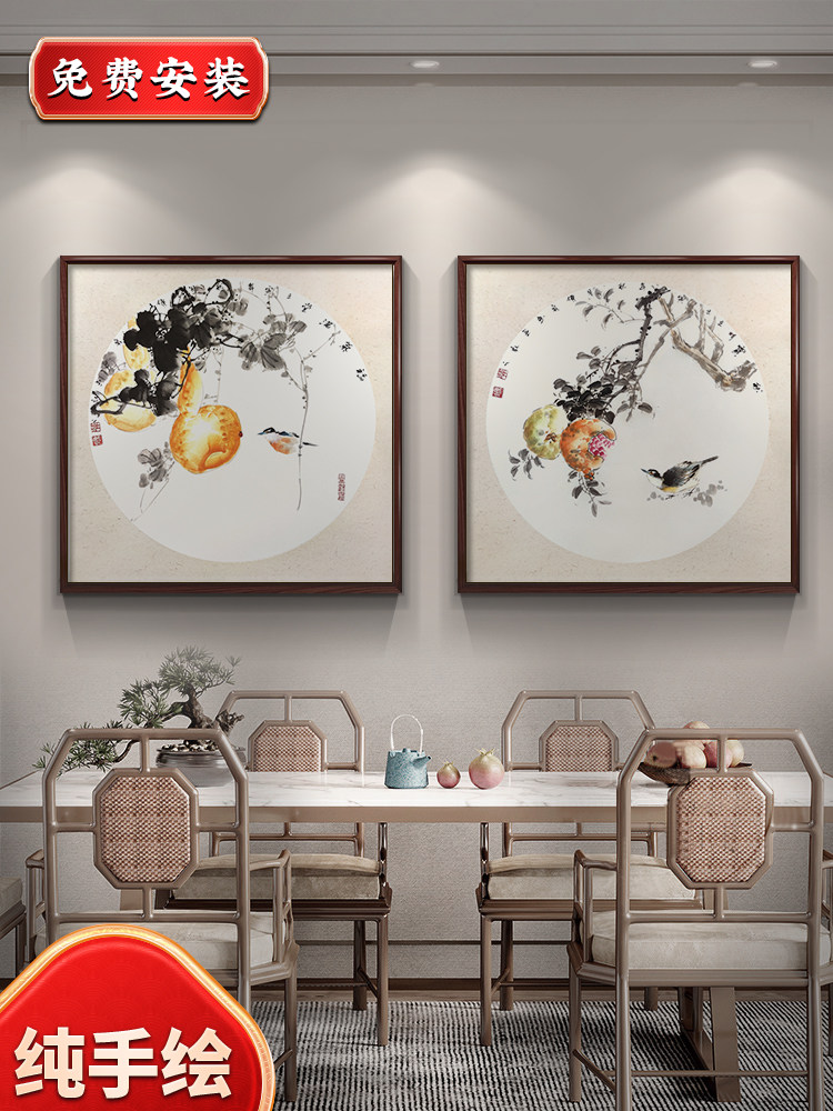 纯手绘斗方国画花鸟图玄关装饰画中式餐厅卧室挂画沙发背景墙壁画