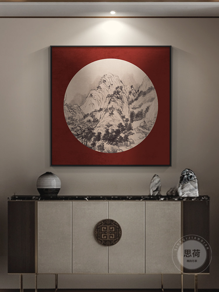 新中式玄关装饰画风景山水画走廊过道壁画客厅方形餐厅办公室挂画