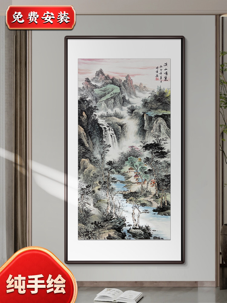 纯手绘中式玄关装饰画入户走廊过道壁画竖版水墨山水画办公室挂画