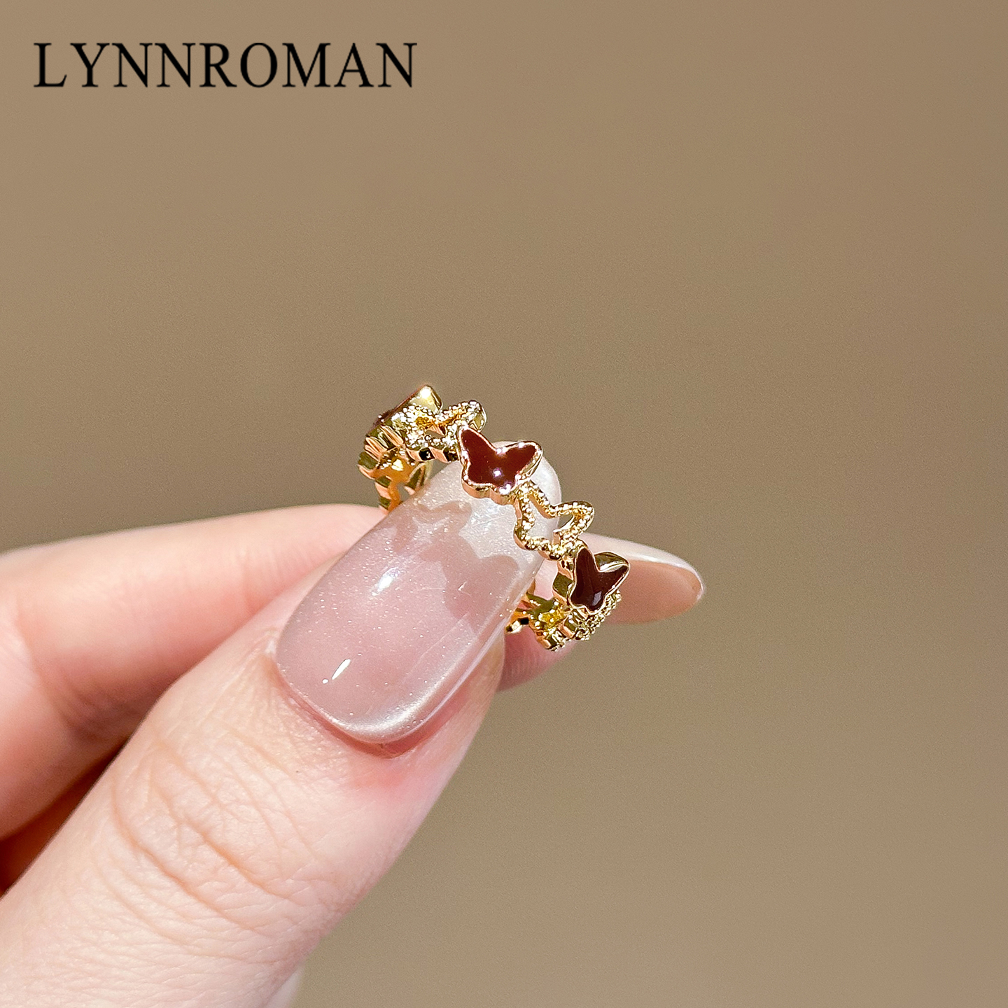 红色滴釉蝴蝶戒指镂空