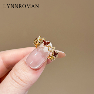 LYNNROMAN红色滴釉蝴蝶戒指镂空开口可调节食指戒女轻奢小众指环