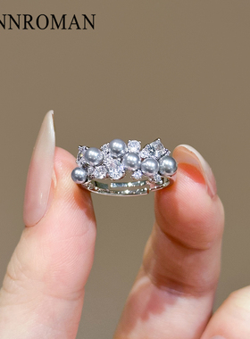 珍珠锆石戒指女开口可调节