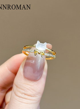 猫咪蝴蝶结戒指镶钻开口