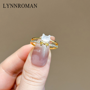 LYNNROMAN猫咪蝴蝶结戒指镶钻开口女金色可调节指环高级感食指戒