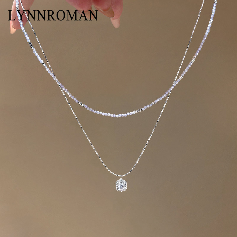 LYNNROMAN小方糖吊坠项链女款2026新款双层紫色仿水晶叠戴锁骨链