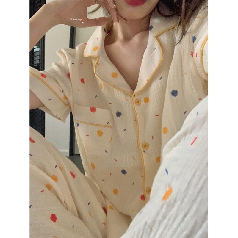 少女小清新奶油色彩油画短袖长裤家居服睡衣两件套套装
