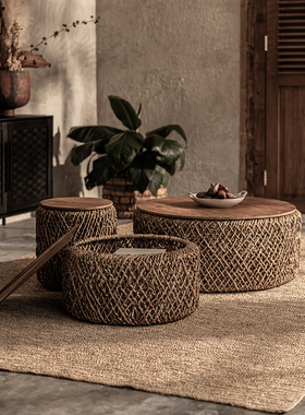 Mountain Living进口藤编织圆形茶几客厅家用小茶桌茶台柚木家具