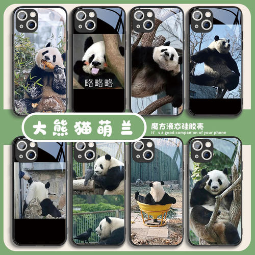 适用苹果13promax手机壳15液态iPhone14小熊猫12pro萌兰xsmax飞云11pro花花8plus7p福宝xr玻璃x可爱趣味6情侣