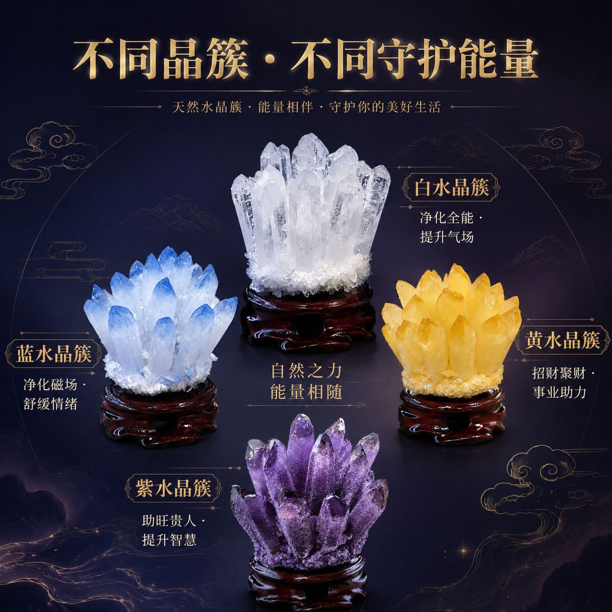 天然黄绿紫白黑水晶簇消磁摆件