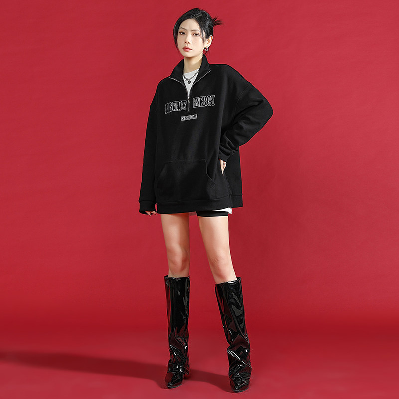 美式polo领卫衣女春季薄款2022新款字母立领小个子上衣设计感小众