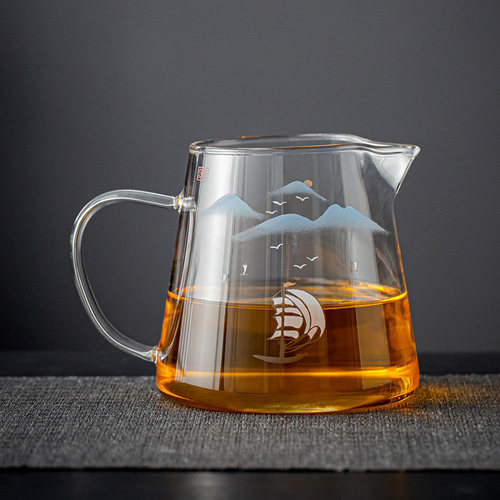 金镶玉全手绘耐热玻璃公道杯加厚带把泡绿茶公杯匀茶杯分茶器茶海