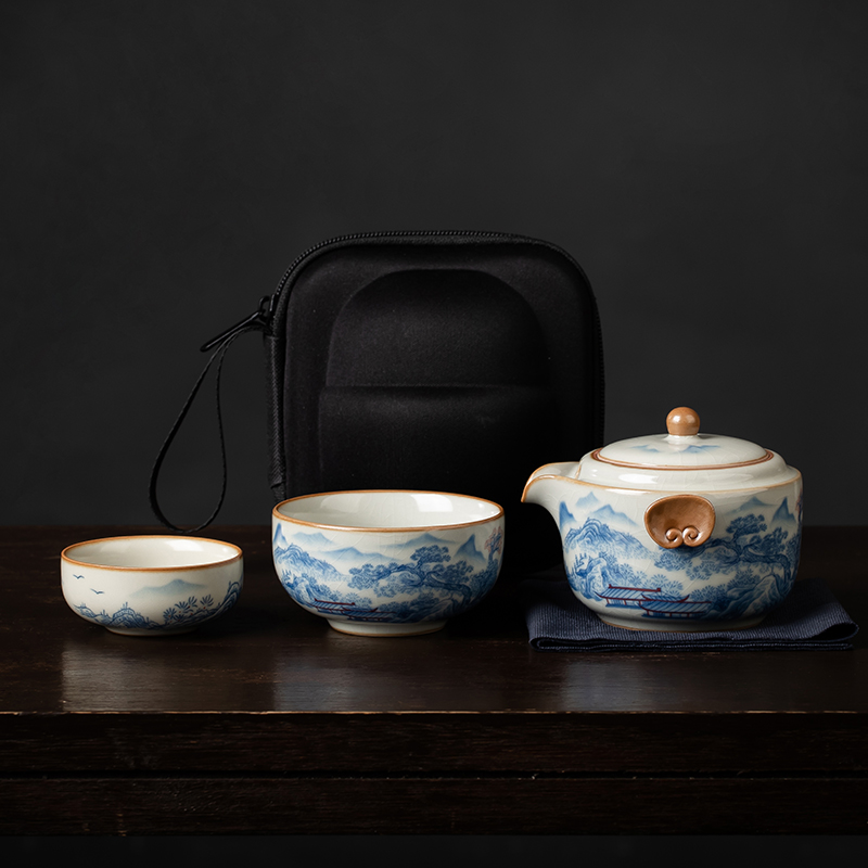 金镶玉汝窑旅行茶具快客杯一人饮汝窑茶具车载随身泡茶器便携露营