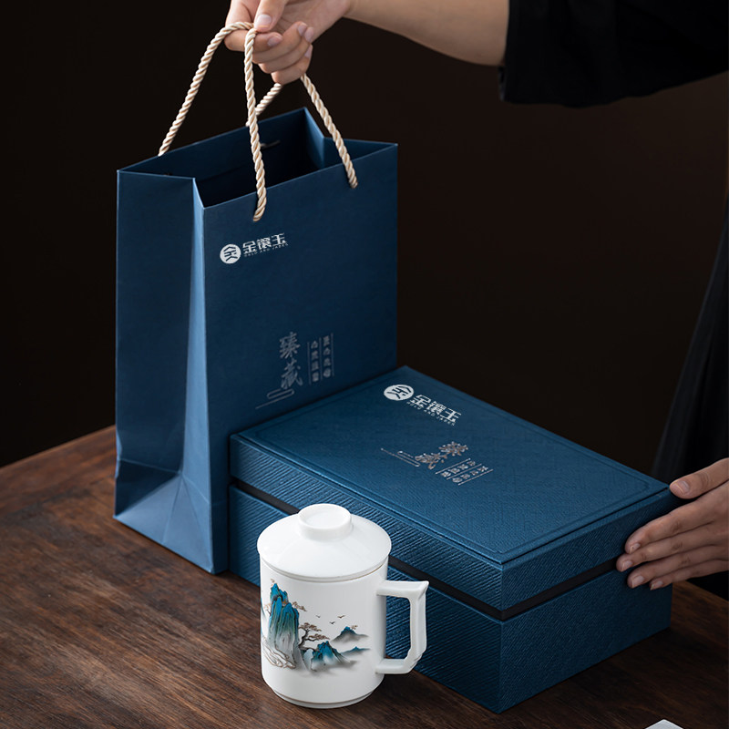金镶玉 山川办公杯陶瓷茶具金镶玉白瓷剪纸贴花杯子 山川办公杯