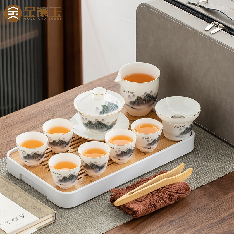 金镶玉羊脂玉瓷旅行茶具套装便携式包女士精致茶具户外旅游带茶盘使用感如何?