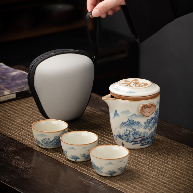 金镶玉米黄汝窑青花旅行茶具便携式快客杯户外露营陶瓷茶壶茶杯