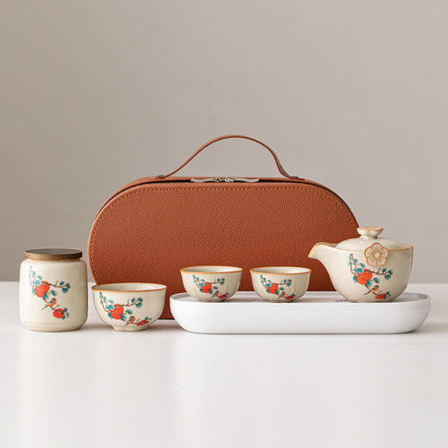 金镶玉米黄汝窑户外旅行茶具便携包功夫茶具一壶三杯带茶盘高档