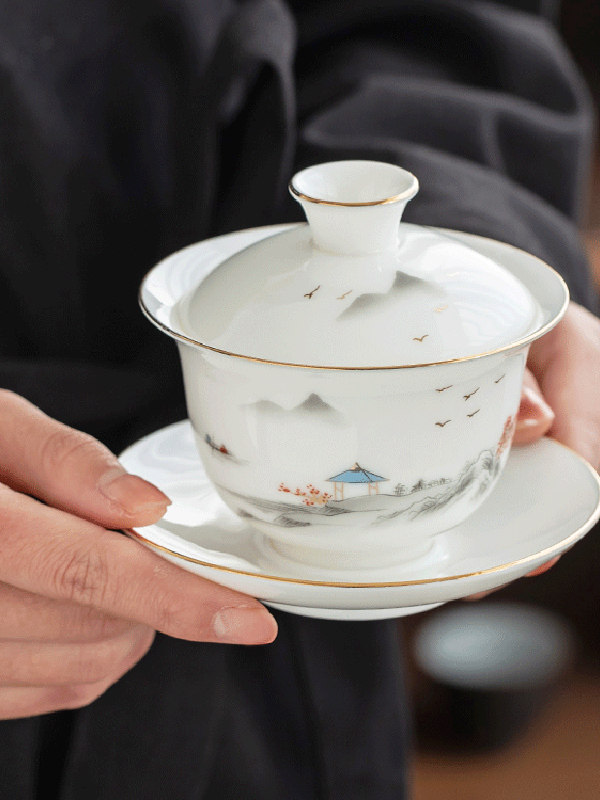 德化羊脂玉白瓷单个盖碗茶杯陶瓷茶具大号泡茶器家用功夫三才茶碗