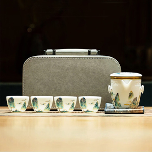 金镶玉便携式 快客杯一壶四杯陶瓷带过滤泡茶神器 户外旅行茶具套装