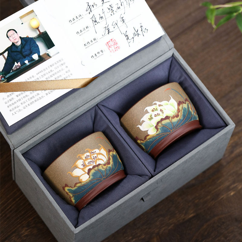 金镶玉马晓君大师手绘荷花对杯宜兴原矿紫砂缸杯主人杯礼盒装收藏,餐饮具,茶杯,淘宝优惠券,粉丝福利购,淘宝优惠卷