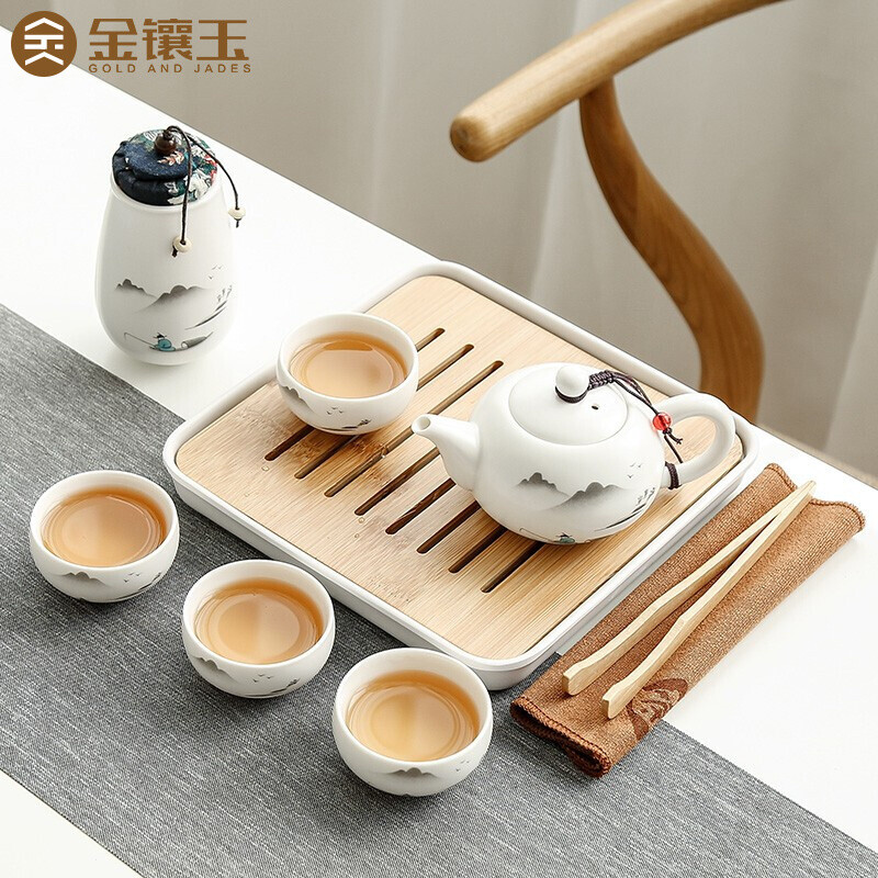 2022新款羊脂玉白瓷功夫旅行茶具套装家用待客便携式茶壶一壶四杯属于什么档次？